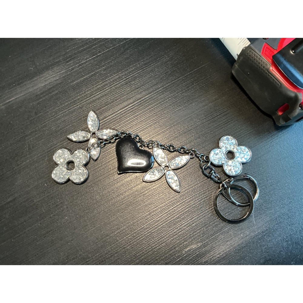 Gunmetal Glitter Flower and Heart Bag Charm Keychain Black Floral Accessories
